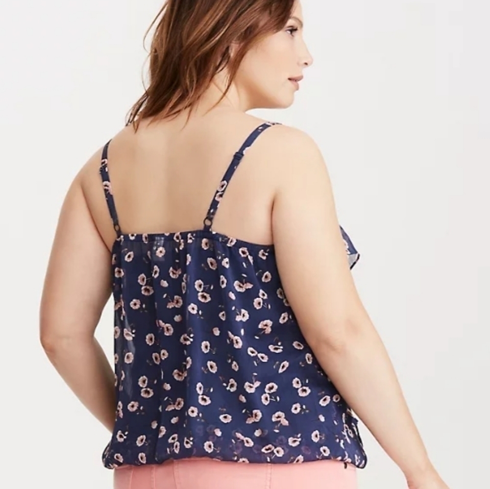 Torrid Blue Pink Floral Ruffle Chiffon Banded Bottom Sleeveless Camisole Top - Picture 3 of 5